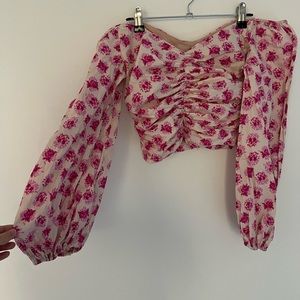 Zara Pink Floral off the shoulder long puff sleeve top, Size Small